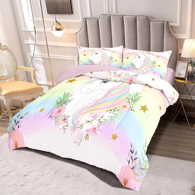 Kids Comforter Bedding Set 3 Piece Super Soft Breathable Print Kids Bedding Sets for Girls, Machine Washable Durable Comforter Set with Comforter, 2 Pillowcases Flowers Stars (Twin,Unicorn)