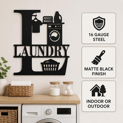 Laundry Room Metal Wall Decor, Farmhouse Laundry Sign, 14 Inch | 14-inch matte black metal laundry room sign with pre-drilled holes for farmhouse, modern, or rustic wall decor.