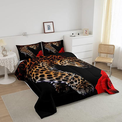 Erosebridal Leopard Comforter Set Twin Size,Red Rose Cheetah Bedding Set,Cat Leopard Print Down Comforter, Romantic Floral Quilted Duvet, Safari Animal Quilt Set, Stylish Bedroom Decor, Black