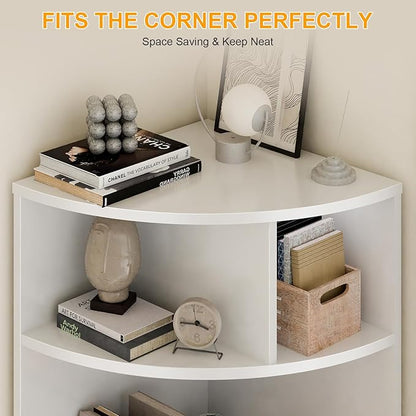 Corner Shelf 6-Tier Corner Bookcase with Drawer, Tall Corner Bookshelf Freestanding White Corner Cabinet Corner Shelves Stand for Wall Corner, Living Room, Home Office, Bedroom, Display Shelf