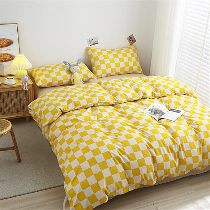 Wellboo Yellow White Plaid Comforter Sets Queen Women Men Yellow and White Checkerboard Grid Bedding Comforters Cotton Boys Girls Modern Bright Yellow Checkered Geometric Quilts Luxury Abstract Bed