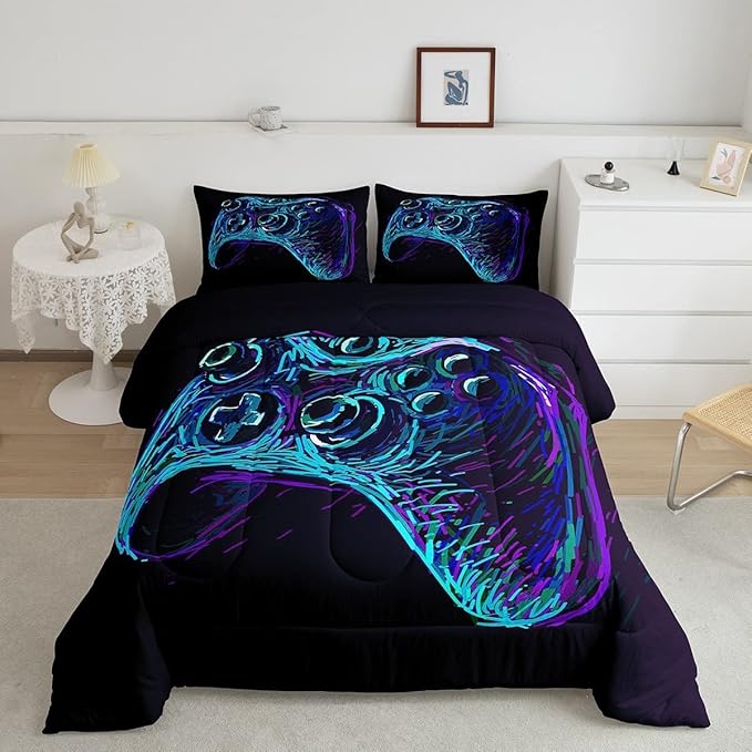 Gamer Comforter Set for Boys Teens Blue and Black Gaming Bedding Set Video Game Bedding Home Decor for Kids Comforter King Size 3 Pieces Gamepad Quilted Duvet Set 1 Comforter with 2 Pillowcases