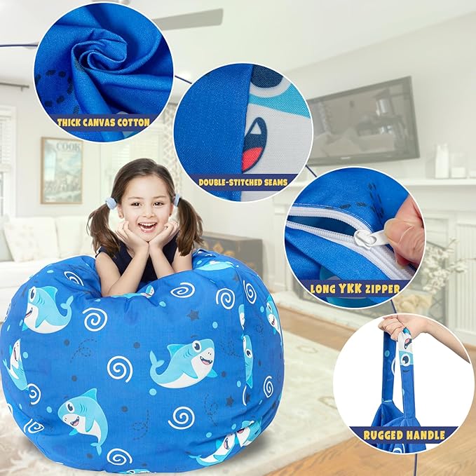 Stuffed Animal Storage Bean Bag Chair Cover, Hold Kids Plush Toys Blankets Towels Beanbag (Cover Only), Canvas Floor Circle Stuff Sit Seat Sofa with YKK Zipper, Large 32", Blue Shark