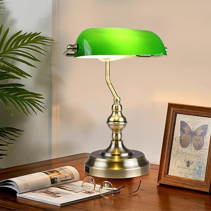 Green Glass Bankers Desk Lamp,Vintage Desk Lamp Touch Control, 3 Way Dimmable Table Lamp with USB Charging Port, Mid Century Banker's Desk Lamp for Home Office Library Antique Brass