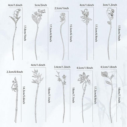 Lawie 10 Pack Silver Hair Sticks Flower Leaf Decorative Metal Long Hair Pins Bun Holders Chopsticks for Hair Chinese Hanfu Costume Retro Vintage Fancy Headpieces Accessories for Women Girls