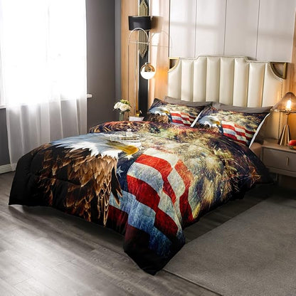 Erosebridal American Flag Comforter Eagle Room Decorative Comforter Set Twin Size Firework Bedding Set Wildlife Animal Bird Down Comforter Soft Lightweight Quilt Set with 1 Pillowcase