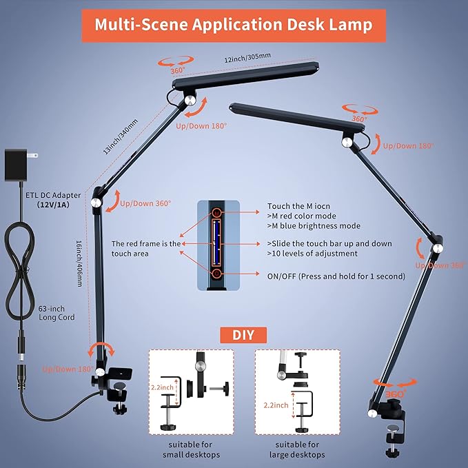 LED Desk Lamps,10 Color Modes 2700k-7000k Lighting and Stepless Dimming Modern Table Lamp for Monitor Studio Reading,Architect Clamp for Home Office Iron-Grey 15W…