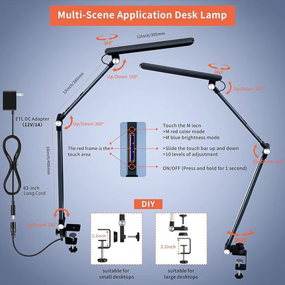 LED Desk Lamps,10 Color Modes 2700k-7000k Lighting and Stepless Dimming Modern Table Lamp for Monitor Studio Reading,Architect Clamp for Home Office Iron-Grey 15W…