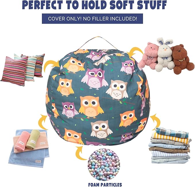 Stuffed Animal Storage Bean Bag Chair Cover, Hold Kids Plush Toys Blankets Towels Beanbag (Cover Only), Canvas Floor Circle Stuff Sit Seat Sofa with YKK Zipper, Extra Large 38", Owl