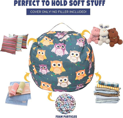 Stuffed Animal Storage Bean Bag Chair Cover, Hold Kids Plush Toys Blankets Towels Beanbag (Cover Only), Canvas Floor Circle Stuff Sit Seat Sofa with YKK Zipper, Large 32", Owl