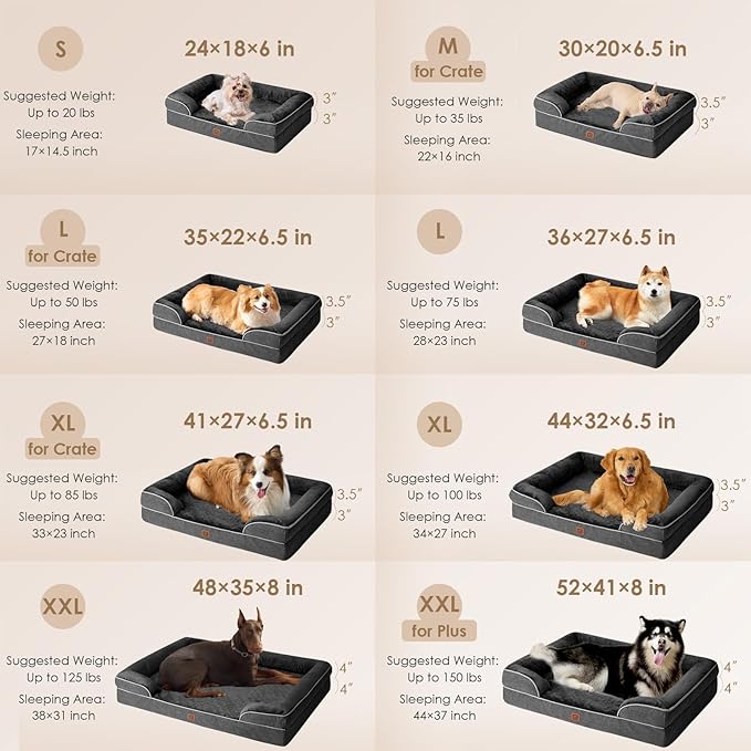 EHEYCIGA Orthopedic Dog Bed for Large Dogs, Waterproof Memory Foam with Sides, Non-Slip Bottom and Egg-Crate Foam Couch Bed with Washable Removable Cover, Dark Grey