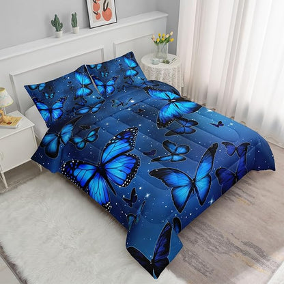 Datura home Blue Butterfly Comforter Set for Girls Women,Bright Blue Butterflies in Blue Sky with Stars Printed Bedding Set with 2 Pillowcases(Butterfly Blue Twin)