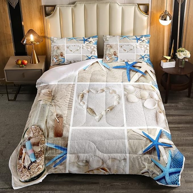 Erosebridal Beach Comforter Set, Ocean Themed Bedding Set Full Size Coastal Nature Duvet Sets Starfish Love Heart Bedding Comforters for Kids Boys Girls Teens Adult Bedroom Decor