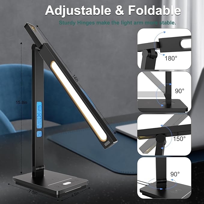 10 in 1 Smart Desk Lamp, Desk Table Lamp for Office, Eye-Caring Office Lamp with Night Light, Lamp for Desk with 10W Wireless Charger, Dimmable Touch Lamp for Home College Dorm Reading Study Work Room