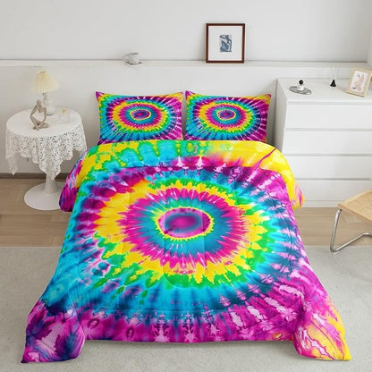 2 Piece Rainbow Tie Dye Comforter Set with 1 Pillowcase Boho Psychedelic Bedding Set for Kids Girls Teens Bohemian Gypsy Exotic Spiral Quilted Duvet Soft Comfy, Watercolor Art Down Comforter,Twin