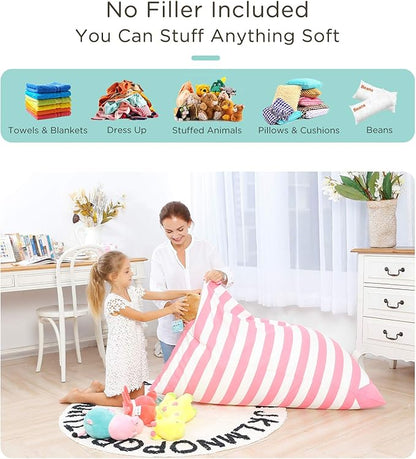 Aubliss Stuffed Animal Storage Bean Bag Chairs Cover, 50"x 35" Extra Large Bean Bags Chair for Kids & Adults, Beanbag Toy Storage for Boys Girls - Premium Cotton Canvas Pink Stripe