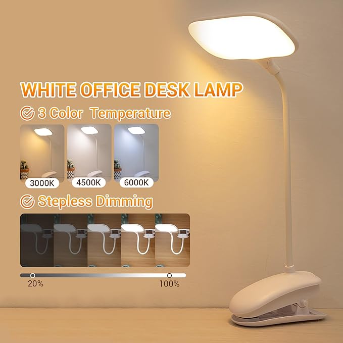 LED Desk Lamp with Clamp, Eye-Caring Clip on Lights for Home Office, 3000mAh Rechargeable Battery Operated Table Lamps,3 Lighting Modes & Brightness Dimmer Light for Kids Students
