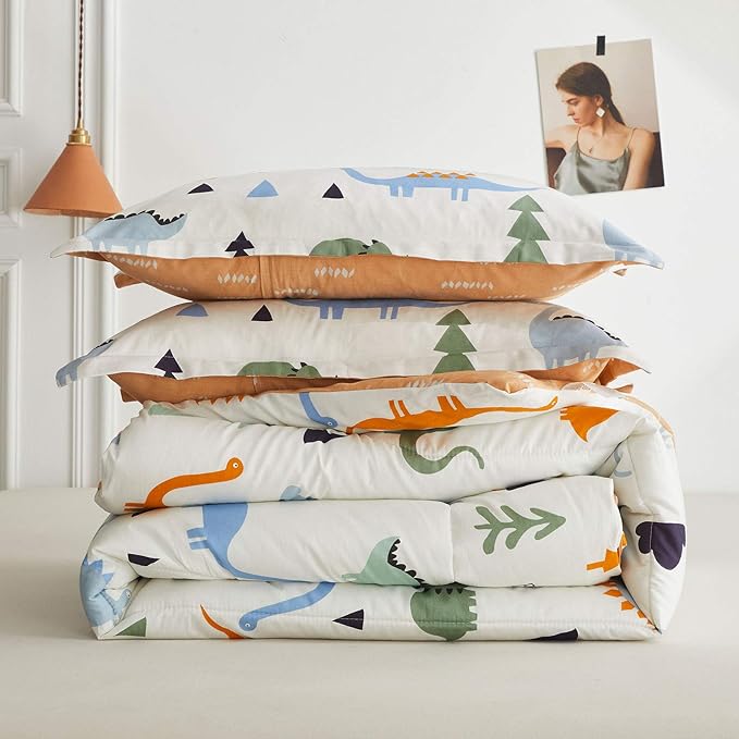 Joyreap 3pcs Cotton Comforter Set for Kids, Dinosaur Full/Queen Size Cotton Bedding Comforter for Boys Girls, White n Orange Reversible Design, Soft n Cozy Comforter for All Season- 88x88 inches