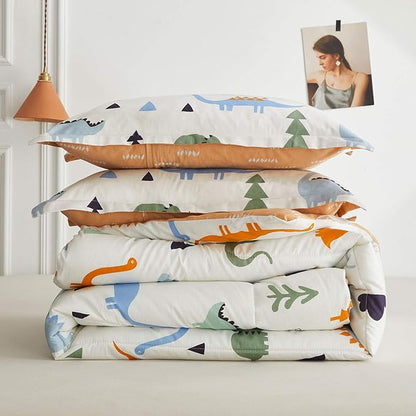 Joyreap 3pcs Cotton Comforter Set for Kids, Dinosaur Full/Queen Size Cotton Bedding Comforter for Boys Girls, White n Orange Reversible Design, Soft n Cozy Comforter for All Season- 88x88 inches