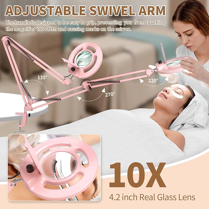 HITTI 2200 Lumens 10X Magnifying Glass with Light and Stand, 24W Super Bright Esthetician Light Magnifier, Stepless Dimmable Hands Free Magnfiying Lamp for Workbench Craft Painting Nail Hobby - Pink