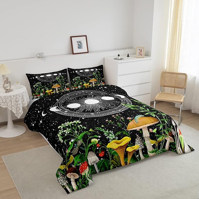 Cute Mushroom Comforter Set Sun and Moon All Season Down Comforter for Kids Boys Girls Teens Trippy Decor Boho Galaxy Constellations Bedding Set Starry Sky Wild Flowers Quilt Set Room Decor Queen Size