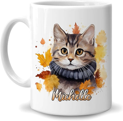 Hyturtle Personalized Fall Cat Maple Leaves Coffee Mug Gifts on Birthday | Gifts For Cat Lovers - Fall Autumn Decor Gift For Farmhouse Thanksgiving - Custom Name 11oz White Ceramic Coffee Tea Mug