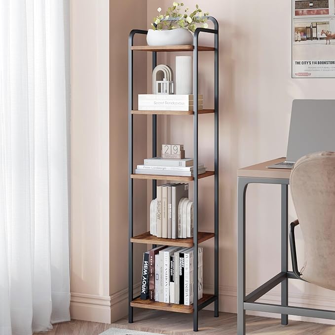 Bookcase Bookshelf, Narrow Book Shelf, Industrial Coner Shelf Storage Organizer, Slim Shelving Unit for Home Office, Living Room, Bedroom, Kitchen, 5-Tier Rustic Brown BC24501B