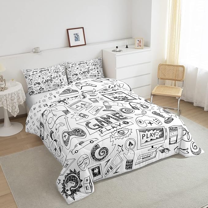 Erosebridal Gaming Comforter Set Twin, Kids Gamepad Cartoon Bedding Set Video Games Gamers Duvet Set Hip Hop Graffiti Quilt Set Racing Car Comforter Set, Black White Printed Bedroom Decor