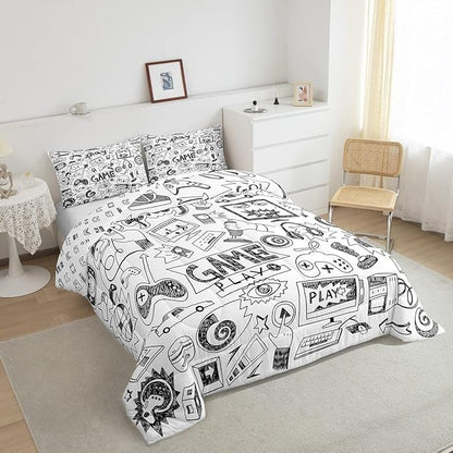 Erosebridal Gaming Comforter Set Twin, Kids Gamepad Cartoon Bedding Set Video Games Gamers Duvet Set Hip Hop Graffiti Quilt Set Racing Car Comforter Set, Black White Printed Bedroom Decor