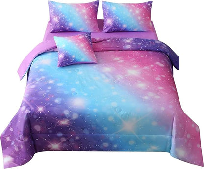 JQinHome Glitter Bedding Set Full Size,6 Piece Bed in A Bag 3D Colorful Rainbow Galaxy Comforter Set for Girls Kids-All Season Microfiber Tie-Dye Bedding Sets(Blue Purple)