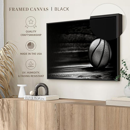 ElephantStock Basketball Wall Art - Horizontal Framed Canvas - 1-Piece Hallway Wall Decor - Photography sports Canvas Print - Black and Gray Decor for Wall - 31" X 21"