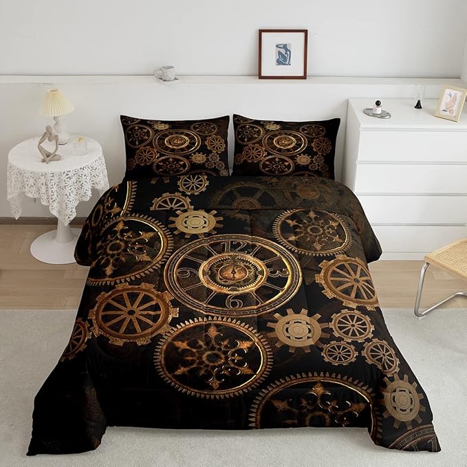 Golden Ndustrial Gear Comforter Set Queen Size Steampunk Style Bedding Set Clocks Theme Bedding Sets & Collections For Kids Boys Teens Men Mechanical Device Quilt Set,Retro Style Bedroom Decor