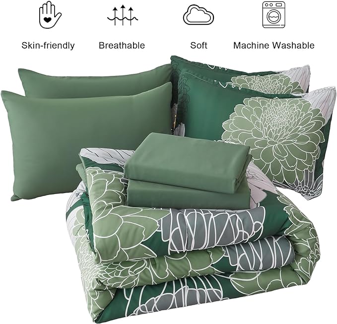 Yiran 7 Pieces King Size Comforter Set,Dark Green Floral Bed in a Bag Comforter and Sheet Set, Soft Microfiber Lightweight Bedding Set for All Season 103"×90"