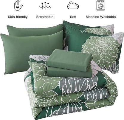 Yiran 7 Pieces King Size Comforter Set,Dark Green Floral Bed in a Bag Comforter and Sheet Set, Soft Microfiber Lightweight Bedding Set for All Season 103"×90"