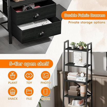 Furologee 5-Tier Ladder Shelf with 2 Drawers,Narrow Bookshelf Storage Shelves,Industrial Bookcase Freestanding Shelf Units for Bedroom,Living Room,Bathroom,Home Office,Balcony,Wood Metal, Black Oak