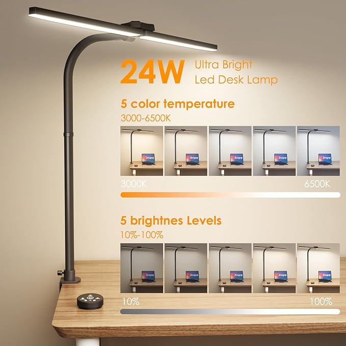 LED Desk Lamp for Home Office, 24W Double Head Architect Desk Lamp with Clamp, Remote Control, Adjustable Gooseneck, Stepless Dimming and Tempering Desk Light for Reading Study Drafting