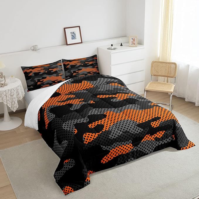 Erosebridal Army Camouflage Comforter Set Queen Size Teens Adult Camo Bedding Set for Kids Boys Girls Colorful Pattern Decor Down Comforter Orange Black Grey Duvet Set Geometric Pattern Quilt Set