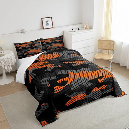 Erosebridal Army Camouflage Comforter Set Full Size Teens Adult Camo Bedding Set for Kids Boys Girls Colorful Pattern Decor Down Comforter Orange Black Grey Duvet Set Geometric Pattern Quilt Set