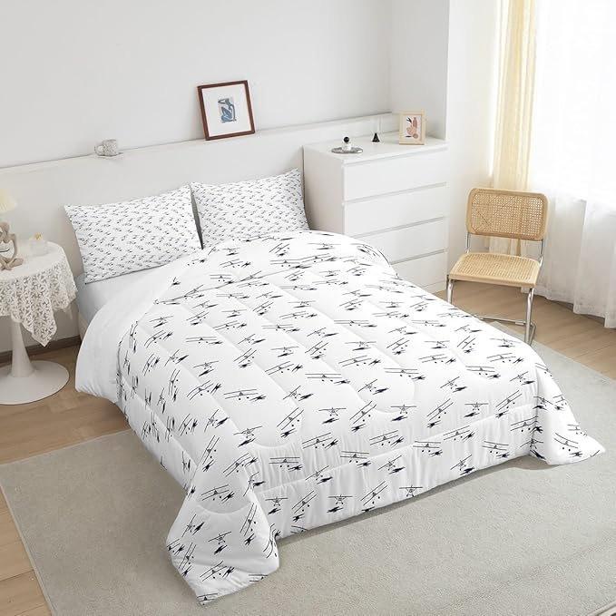 Airplane Bedding Set Full Size Flight Comforter Set for Kids Boys Girls Decor Vintage Aircraft Comforter Helicopter Flying Plane Blue and White Duvet Set Bedroom Quilt Set