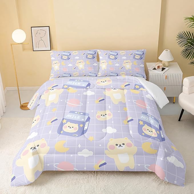 Bear Comforter Twin Size,Kawaii Comforter Set for Kids Teens Girls,3Pcs Bedding Set Printed Comforter with 2 Pillowcases,Down Alternative,Soft and Lightweight(Purple，Twin Size)
