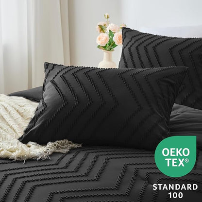 CozyLux King Size Comforter Set Black - 3 Pieces Black Boho Tufted Shabby Chic Bedding Comforter Set for All Seasons, Chevron Bedding Sets with Comforter & 2 Pillow Shams