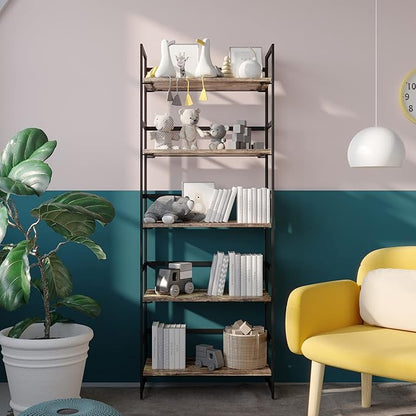No-Assembly Folding Bookshelf Storage Shelves 5 Tiers Vintage Multifunctional Plant Flower Stand Storage Rack Shelves Bookcase for Home Office (Fire Board)