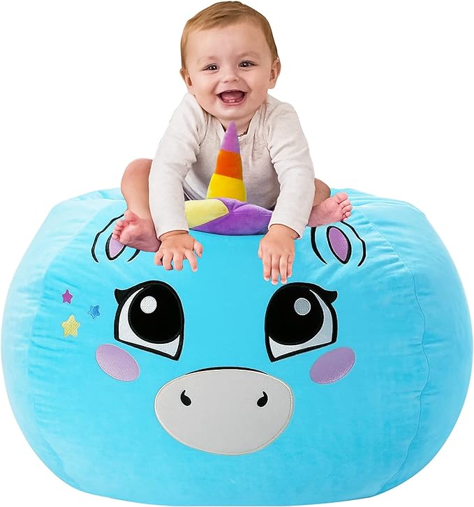 Aubliss Stuffed Animal Storage, Velvet Bean Bag Chairs Cover, Large 32" Ultra Soft Kids Toy Storage Organizer for Blankets Towels Clothes, Blue Big Eyes