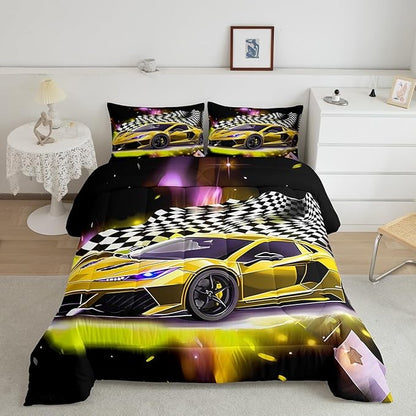 Feelyou Yellow Sports Car Comforter Sets King Size, Boys Race Car Bedding for Teens Girls Adult Extreme Speed Race Car Duvet Sets Black and White Grids Print Car Theme Bedroom Decor Quilts