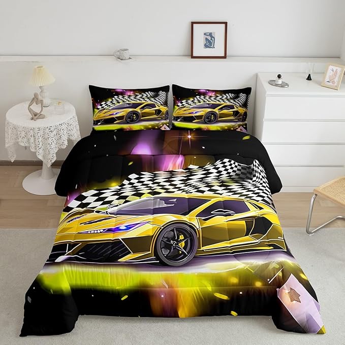 Feelyou Yellow Sports Car Comforter Sets Twin Size, Boys Race Car Bedding for Teens Girls Adult Extreme Speed Race Car Duvet Sets Black and White Grids Print Car Theme Bedroom Decor Quilts