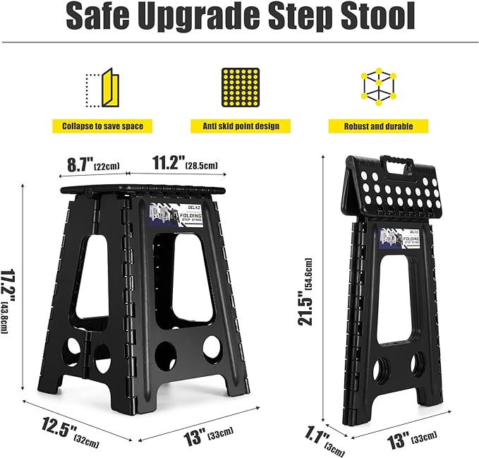 Delxo 17.5 Inch Folding Step Stool, Heavy Duty Foldable Stool for Adults,Premium Portable Collapsible Plastic Step Stool,Non Slip Folding Stools for Kitchen Bathroom Bedroom Up to 400LBS,(Black 1PC)