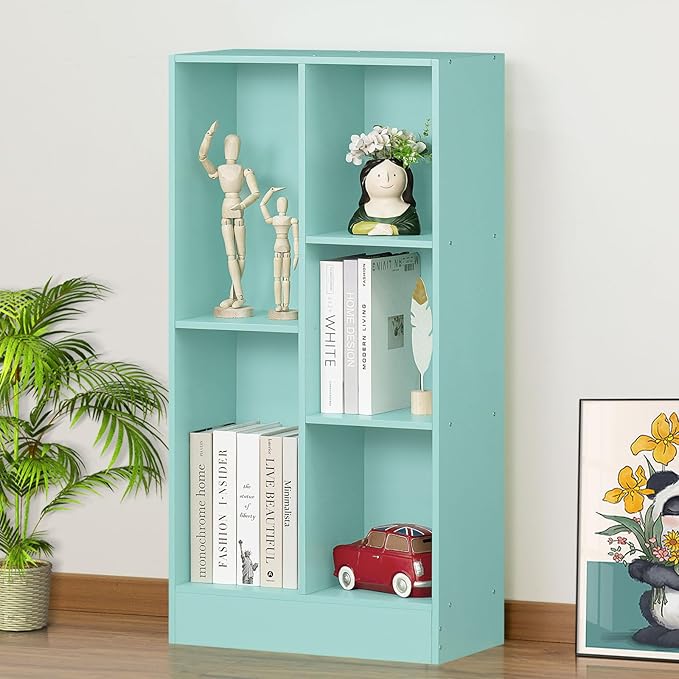LEYAOYAO 5 Cube Bookshelf with Base,3 Tier Modern Mint-Green Kids Bookcase,Standing Wide Bookshelves Storage Organizer Toy Shelf,Wood Display Children's Book Shelves for Bedroom,Living Room,Nursery