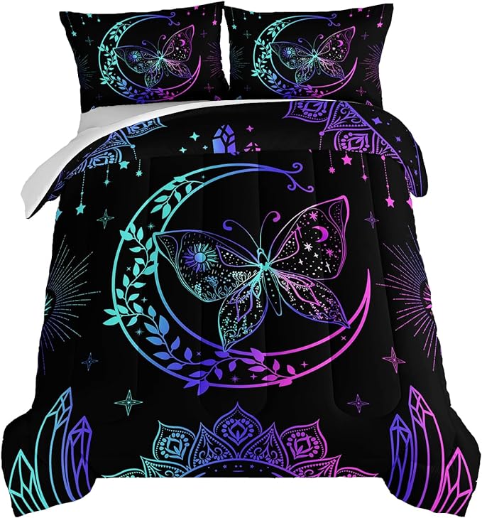 HOSIMA Butterfly Comforter Set 3Piece with 2 Pillowcases,Black Comforter Butterfly Aesthetics Room Decor,Boho Mandala Comforter Butterfly Bedding Set for Girls,Bohemian Full Size Bed in a Bag Set.