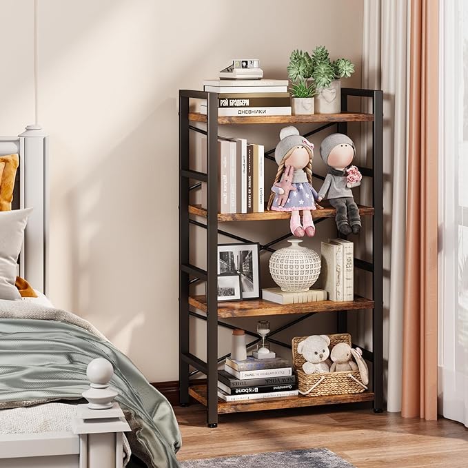 Bookshelf, 4 Tier Small Bookcase, Organizers and Storage, Metal Small Bookcase, Rustic Book Shelf Organization and Storage for Living Room, Bedroom, and Home Office(Rustic Brown)