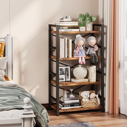 Bookshelf, 4 Tier Small Bookcase, Organizers and Storage, Metal Small Bookcase, Rustic Book Shelf Organization and Storage for Living Room, Bedroom, and Home Office(Rustic Brown)